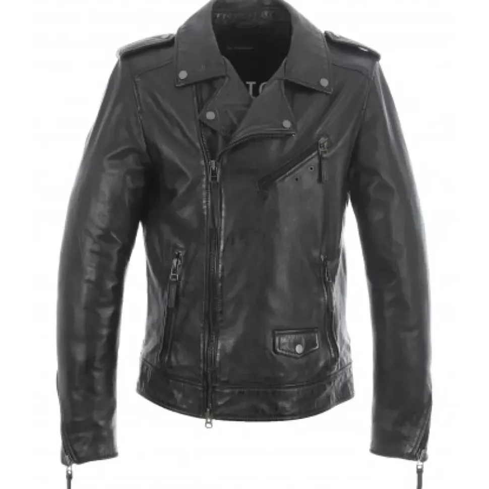 OAKWOOD Blousons^Soldier Noir - Blouson Biker A Fermeture Asymetrique En Cuir Veritable Effet Lave