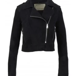 OAKWOOD Blousons^Zulina Bleu Marine - Blouson Biker Court Cuir Veritable Chevre Velours