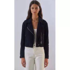 OAKWOOD Blousons^Zulina Bleu Marine - Blouson Biker Court Cuir Veritable Chevre Velours