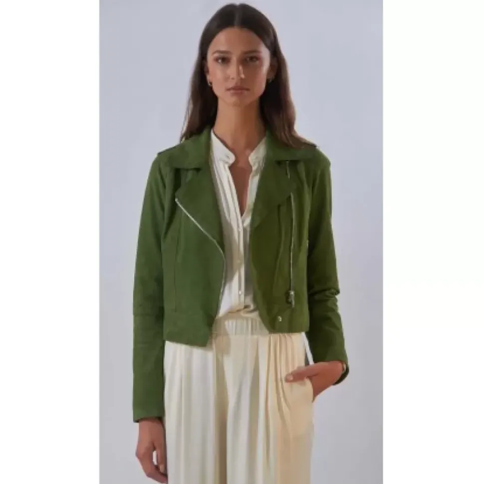 OAKWOOD Blousons^Zulina Kaki - Blouson Biker Court Cuir Veritable Chevre Velours